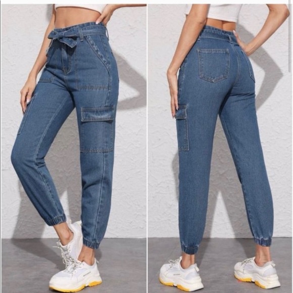 New! High waist Jean joggers w/ Front Tie - Picture 2 of 7